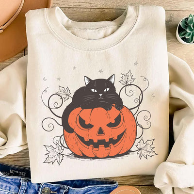 Cute Halloween Black Cat Sweatshirt, Spooky Pumpkin Halloween SweatShirt, Trendy Halloween Crewneck SweatShirt