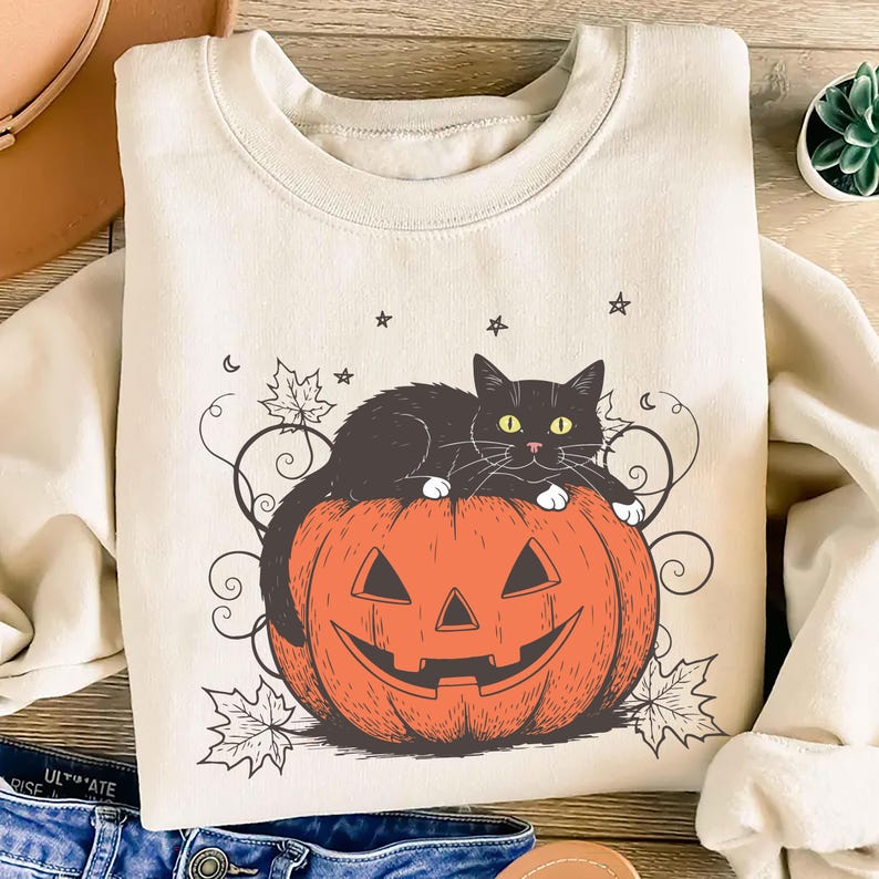 Cute Halloween Black Cat Sweatshirt, Spooky Pumpkin Halloween SweatShirt, Trendy Halloween Crewneck SweatShirt
