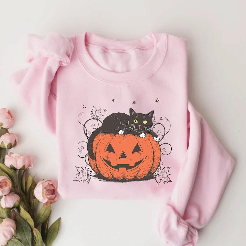 Cute Halloween Black Cat Sweatshirt, Spooky Pumpkin Halloween SweatShirt, Trendy Halloween Crewneck SweatShirt