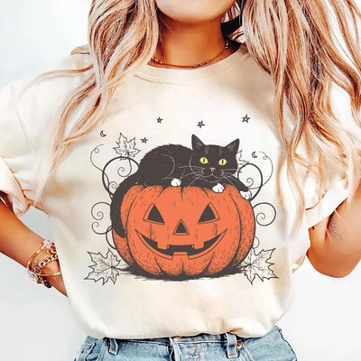 Cute Halloween Black Cat Short Sleeve Shirt, Spooky Pumpkin Halloween Tee, Trendy Halloween Crewneck Short Sleeve Shirt