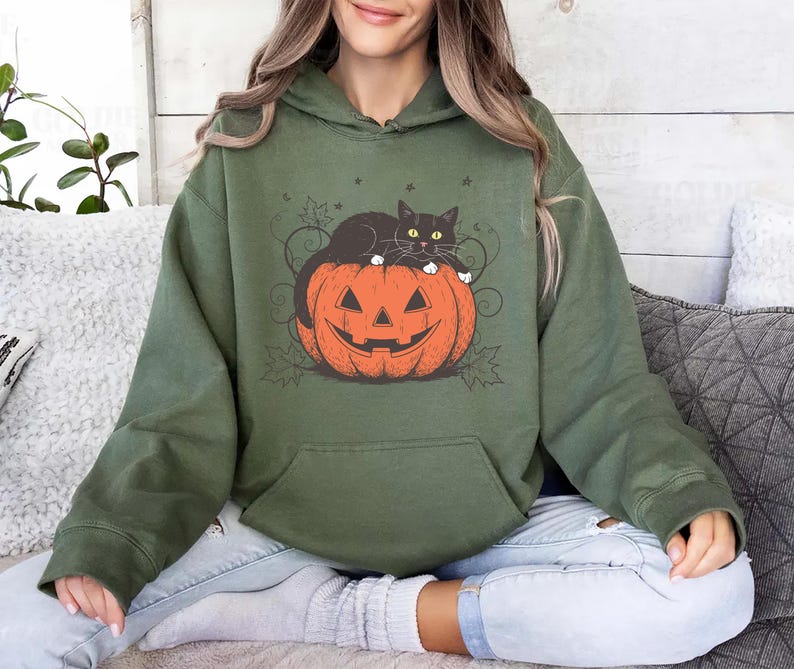 Cute Halloween Black Cat Hoodie, Spooky Pumpkin Halloween Hoodie , Trendy Halloween Crewneck Hoodie