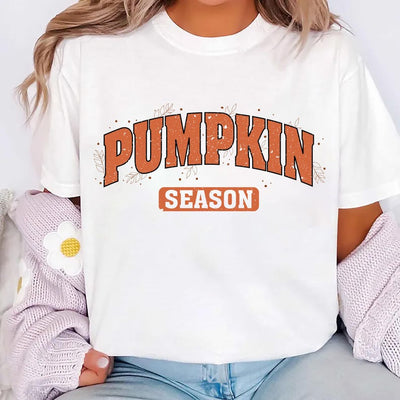 Retro Pumpkin Season Short Sleeve Shirt, Cute Fall Halloween Tee for Women, Autumn Thanksgiving Short Sleeve Shirt