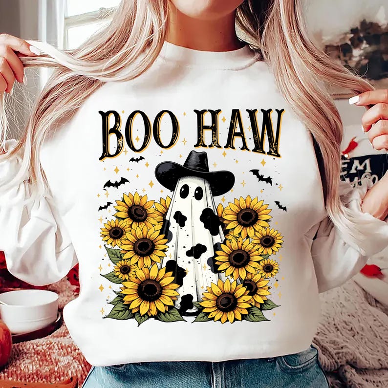 Boo Haw Sweatshirt, Cow Spot Ghost Western Halloween SweatShirt, Retro Fall Sunflower Cowgirl SweatShirt