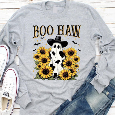 Boo Haw Long Sleeve Shirt, Cow Spot Ghost Western Halloween Long Sleeve Shirt, Retro Fall Sunflower Cowgirl Long Sleeve Shirt