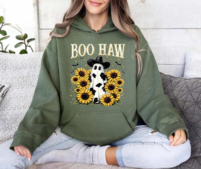 Boo Haw Hoodie, Cow Spot Ghost Western Halloween Hoodie , Retro Fall Sunflower Cowgirl Hoodie