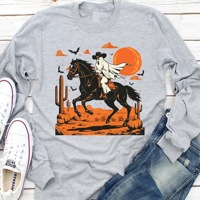 Retro Halloween Long Sleeve Shirt, Trendy Ghost and Bats Spooky Season Long Sleeve Shirt, Vintage Halloween Party Long Sleeve Shirt