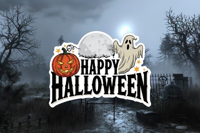Large Happy Halloween Yard Sign, Full Moon and Bats Lawn Decoration, Spooky Outdoor Home Decor, Scary Halloween Sign with Metal H-Stake