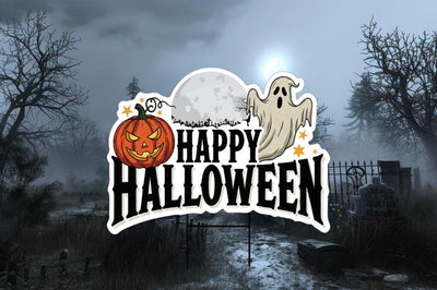 Large Happy Halloween Yard Sign, Full Moon and Bats Lawn Decoration, Spooky Outdoor Home Decor, Scary Halloween Sign with Metal H-Stake