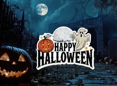 Large Happy Halloween Yard Sign, Full Moon and Bats Lawn Decoration, Spooky Outdoor Home Decor, Scary Halloween Sign with Metal H-Stake