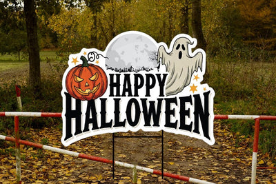 Large Happy Halloween Yard Sign, Full Moon and Bats Lawn Decoration, Spooky Outdoor Home Decor, Scary Halloween Sign with Metal H-Stake