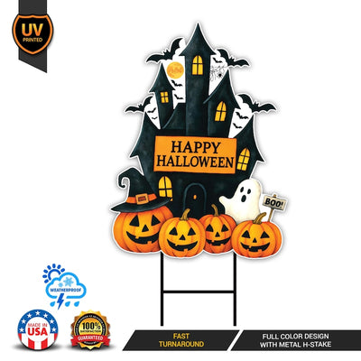 Haunted House Halloween Yard Sign, Pumpkin Ghost Bat Lawn Decoration, Spooky Outdoor Garden Sign for Party or Trick-or-Treat, Metal H-Stake