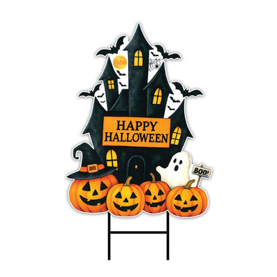 Haunted House Halloween Yard Sign, Pumpkin Ghost Bat Lawn Decoration, Spooky Outdoor Garden Sign for Party or Trick-or-Treat, Metal H-Stake