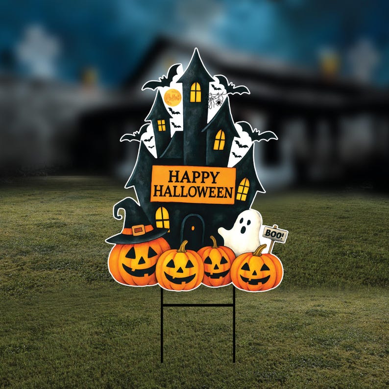 Haunted House Halloween Yard Sign, Pumpkin Ghost Bat Lawn Decoration, Spooky Outdoor Garden Sign for Party or Trick-or-Treat, Metal H-Stake