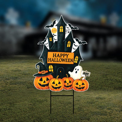 Haunted House Halloween Yard Sign, Pumpkin Ghost Bat Lawn Decoration, Spooky Outdoor Garden Sign for Party or Trick-or-Treat, Metal H-Stake