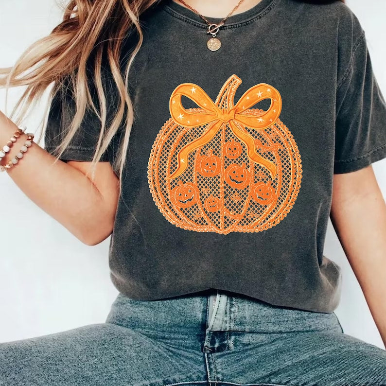 Black Lace Pumpkin Shirt, Coquette Halloween Pumpkin Shirt