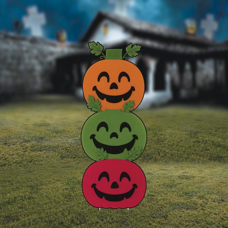 Stacked Pumpkin Halloween Yard Sign with Stakes, Funny Face Outdoor Lawn Decoration, Maple Leaf Fall Yard Ornament for Garden or Pathway