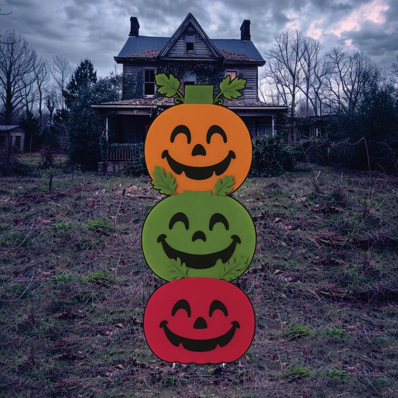 Stacked Pumpkin Halloween Yard Sign with Stakes, Funny Face Outdoor Lawn Decoration, Maple Leaf Fall Yard Ornament for Garden or Pathway