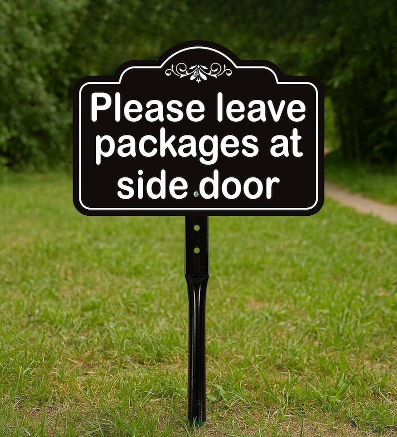 Please Leave Packages at Side Door Yard Sign with 16" Stake, Rust-Free Aluminum Delivery Instruction Sign, Outdoor Parcel Drop Off Lawn Sign