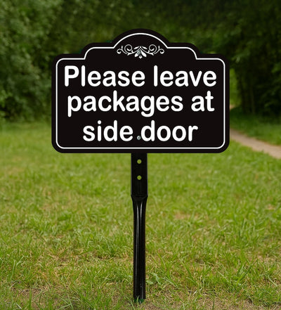 Please Leave Packages at Side Door Yard Sign with 16" Stake, Rust-Free Aluminum Delivery Instruction Sign, Outdoor Parcel Drop Off Lawn Sign