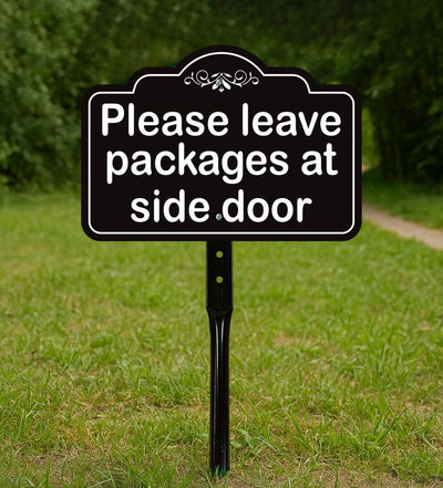 2 Pack Please Leave Packages at Side Door Yard Sign with 16" Stake, Aluminum Delivery Instruction Sign, Outdoor Parcel Drop Off Lawn Sign