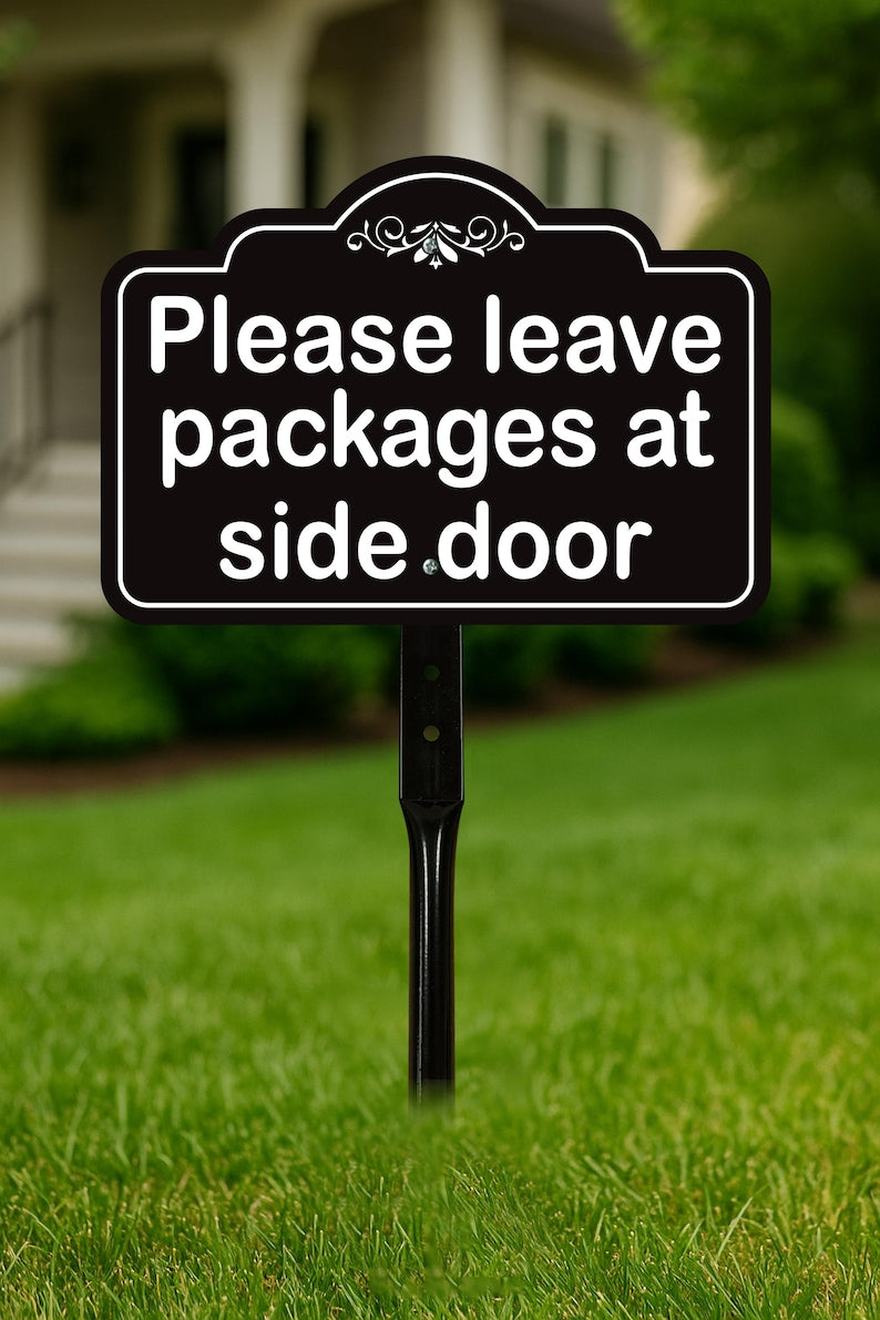 2 Pack Please Leave Packages at Side Door Yard Sign with 16" Stake, Aluminum Delivery Instruction Sign, Outdoor Parcel Drop Off Lawn Sign