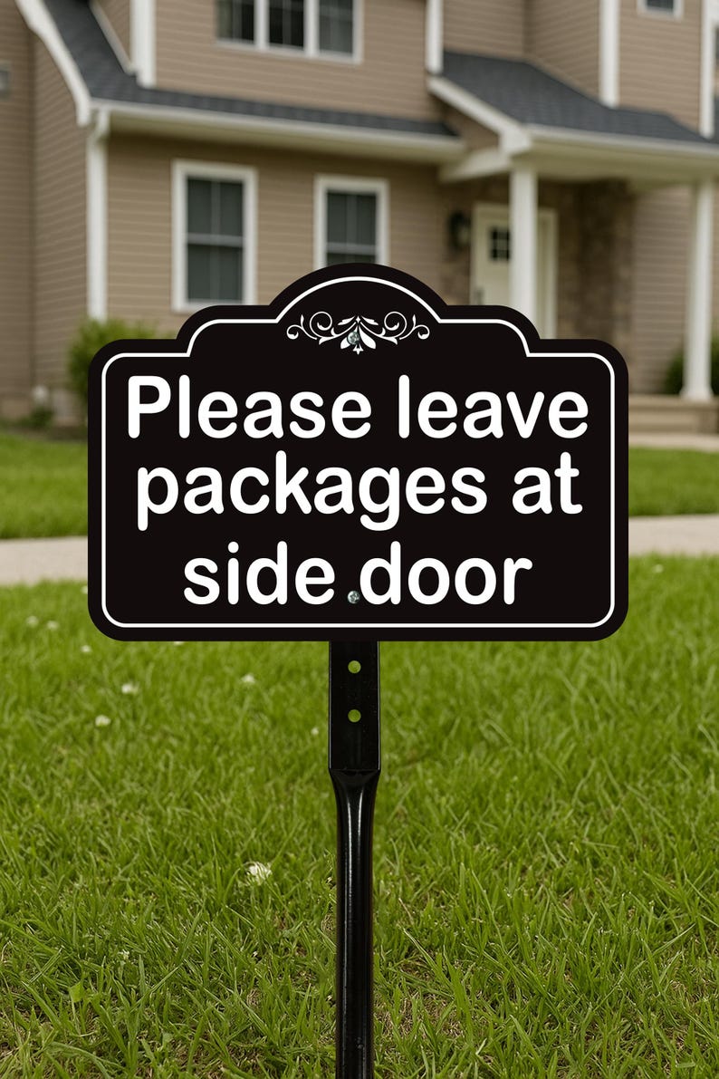 Please Leave Packages at Side Door Yard Sign with 16" Stake, Rust-Free Aluminum Delivery Instruction Sign, Outdoor Parcel Drop Off Lawn Sign