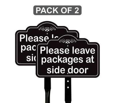 2 Pack Please Leave Packages at Side Door Yard Sign with 16" Stake, Aluminum Delivery Instruction Sign, Outdoor Parcel Drop Off Lawn Sign