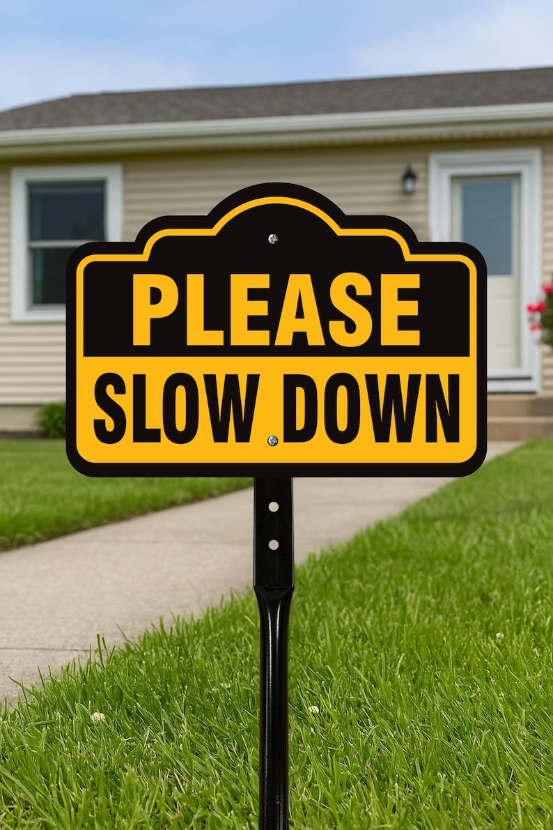 2 Pack Please Slow Down Yard Sign with 16" Stake, Rust-Free Aluminum Drive Safely Sign, Outdoor Traffic Warning Sign for Neighborhoods, Yard