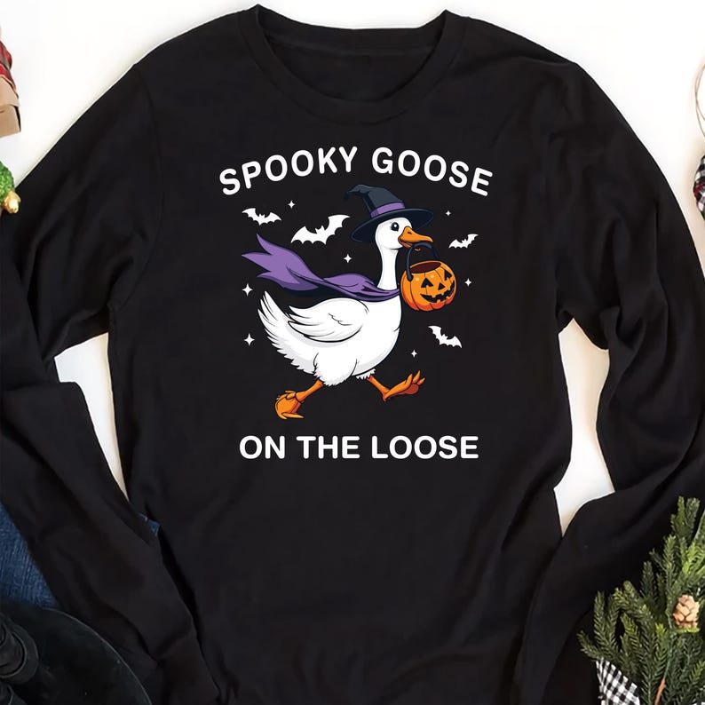 Spooky Goose Long Sleeve Shirt, Witchy Silly Goose Halloween Long Sleeve Shirt, Girly Trick or Treat Long Sleeve Shirt