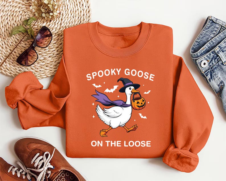 Spooky Goose Sweatshirt, Witchy Silly Goose Halloween SweatShirt, Girly Trick or Treat SweatShirt