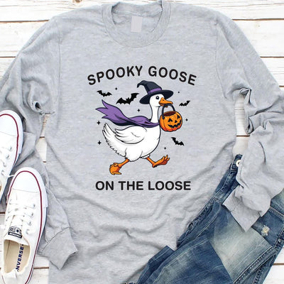 Spooky Goose Long Sleeve Shirt, Witchy Silly Goose Halloween Long Sleeve Shirt, Girly Trick or Treat Long Sleeve Shirt