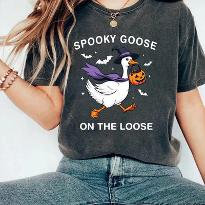 Spooky Goose Short Sleeve Shirt, Witchy Silly Goose Halloween Tee, Girly Trick or Treat Short Sleeve Shirt, Cute Goose Lover Short Sleeve Shirt