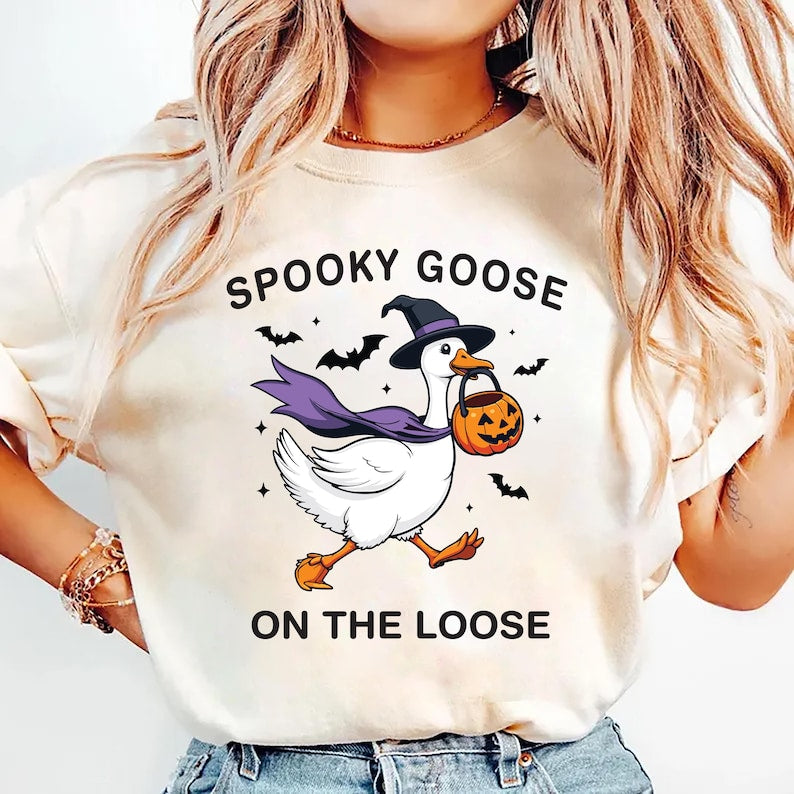 Spooky Goose Short Sleeve Shirt, Witchy Silly Goose Halloween Tee, Girly Trick or Treat Short Sleeve Shirt, Cute Goose Lover Short Sleeve Shirt