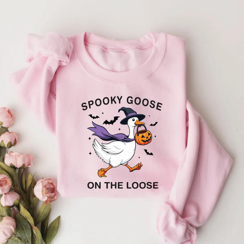 Spooky Goose Sweatshirt, Witchy Silly Goose Halloween SweatShirt, Girly Trick or Treat SweatShirt