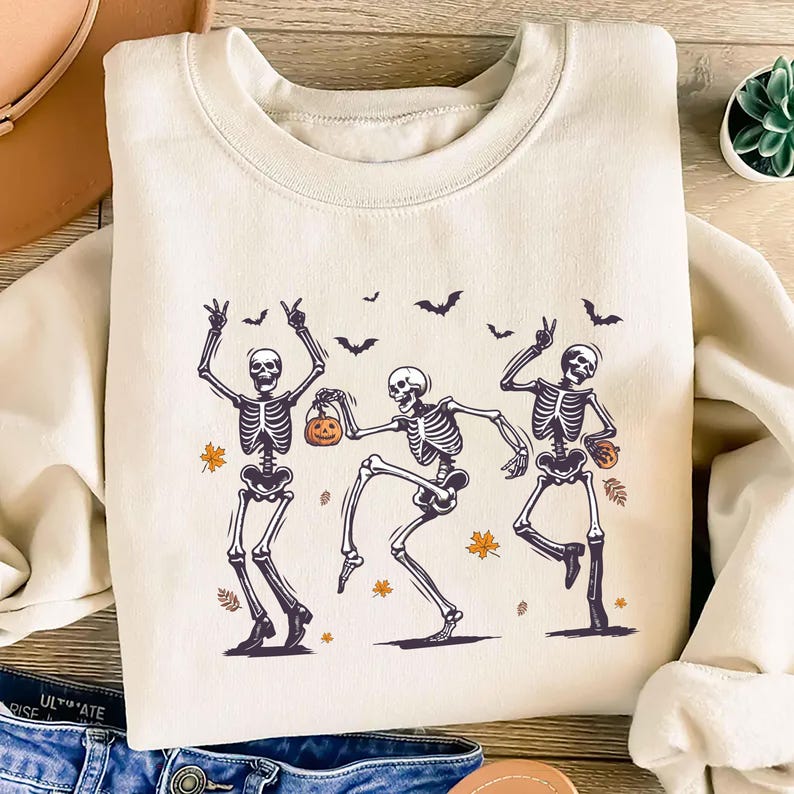 Dancing Skeleton Short Sleeve Shirt, Retro Halloween Pumpkin Short Sleeve Shirt, Spooky Skeleton Dance Tee