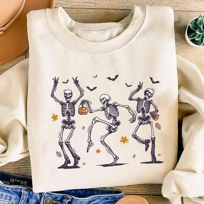 Dancing Skeleton Short Sleeve Shirt, Retro Halloween Pumpkin Short Sleeve Shirt, Spooky Skeleton Dance Tee
