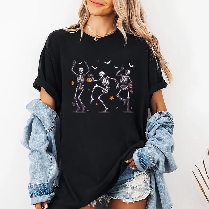 Dancing Skeleton Short Sleeve Shirt, Retro Halloween Pumpkin Short Sleeve Shirt
