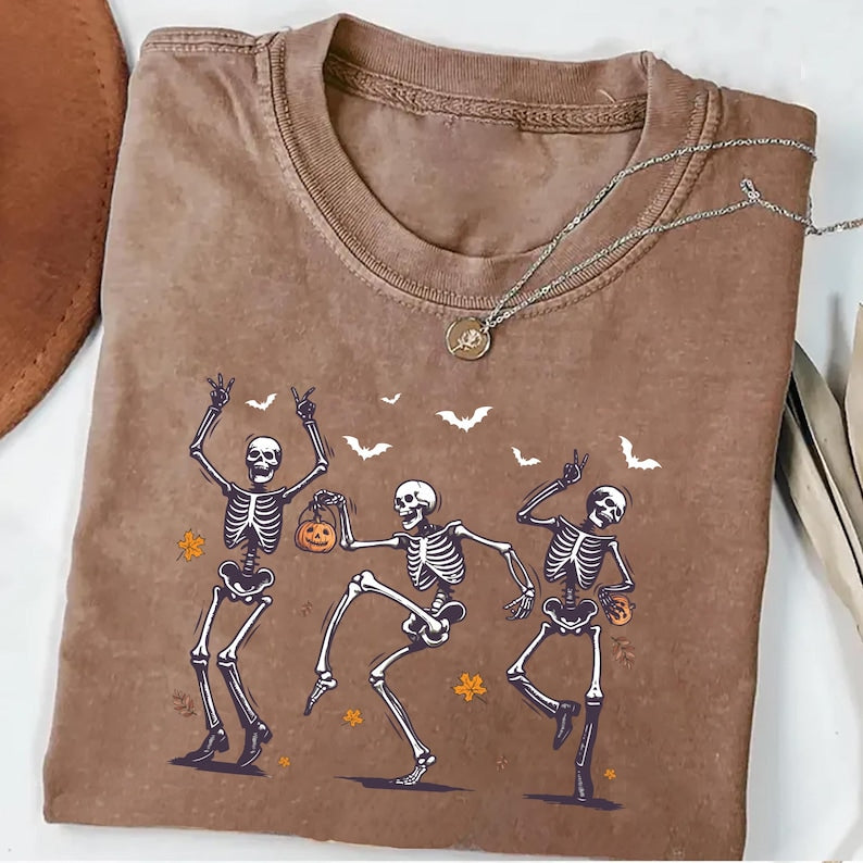 Dancing Skeleton Short Sleeve Shirt, Retro Halloween Pumpkin Short Sleeve Shirt, Spooky Skeleton Dance Tee