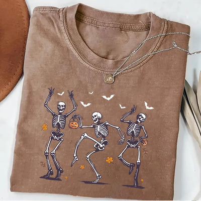 Dancing Skeleton Short Sleeve Shirt, Retro Halloween Pumpkin Short Sleeve Shirt, Spooky Skeleton Dance Tee