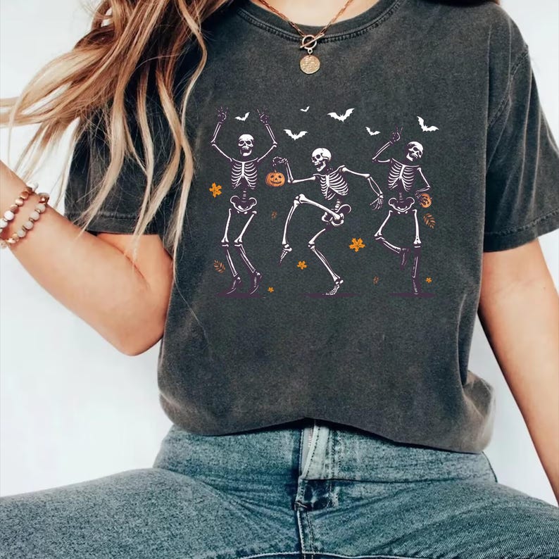 Dancing Skeleton Short Sleeve Shirt, Retro Halloween Pumpkin Short Sleeve Shirt