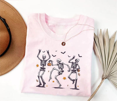 Dancing Skeleton Short Sleeve Shirt, Retro Halloween Pumpkin Short Sleeve Shirt
