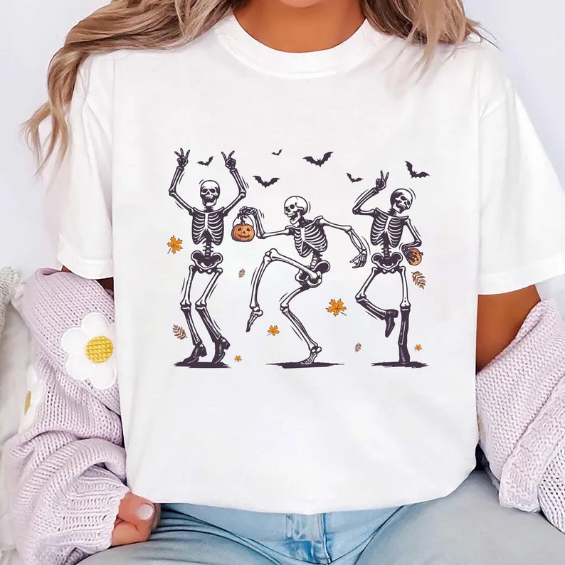 Dancing Skeleton Short Sleeve Shirt, Retro Halloween Pumpkin Short Sleeve Shirt, Spooky Skeleton Dance Tee