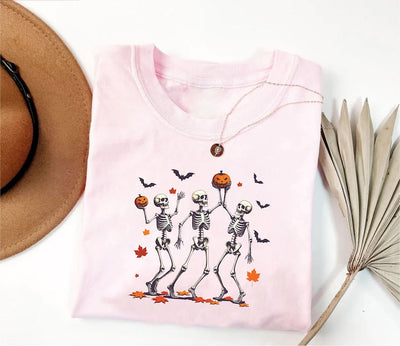 Dancing Skeleton Short Sleeve Shirt, Retro Halloween Pumpkin Short Sleeve Shirt, Spooky Skeleton Dance Tee