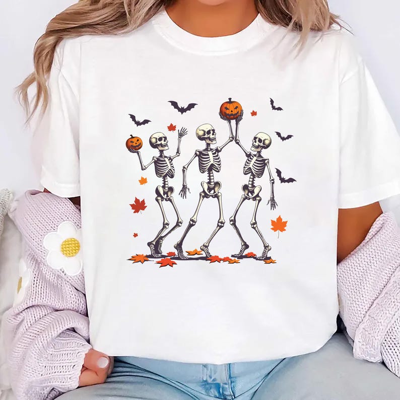 Dancing Skeleton Short Sleeve Shirt, Retro Halloween Pumpkin Short Sleeve Shirt, Spooky Skeleton Dance Tee