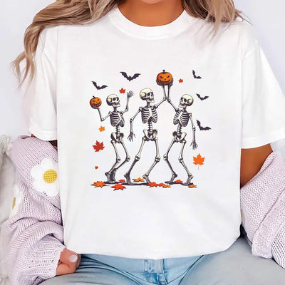 Dancing Skeleton Short Sleeve Shirt, Retro Halloween Pumpkin Short Sleeve Shirt, Spooky Skeleton Dance Tee