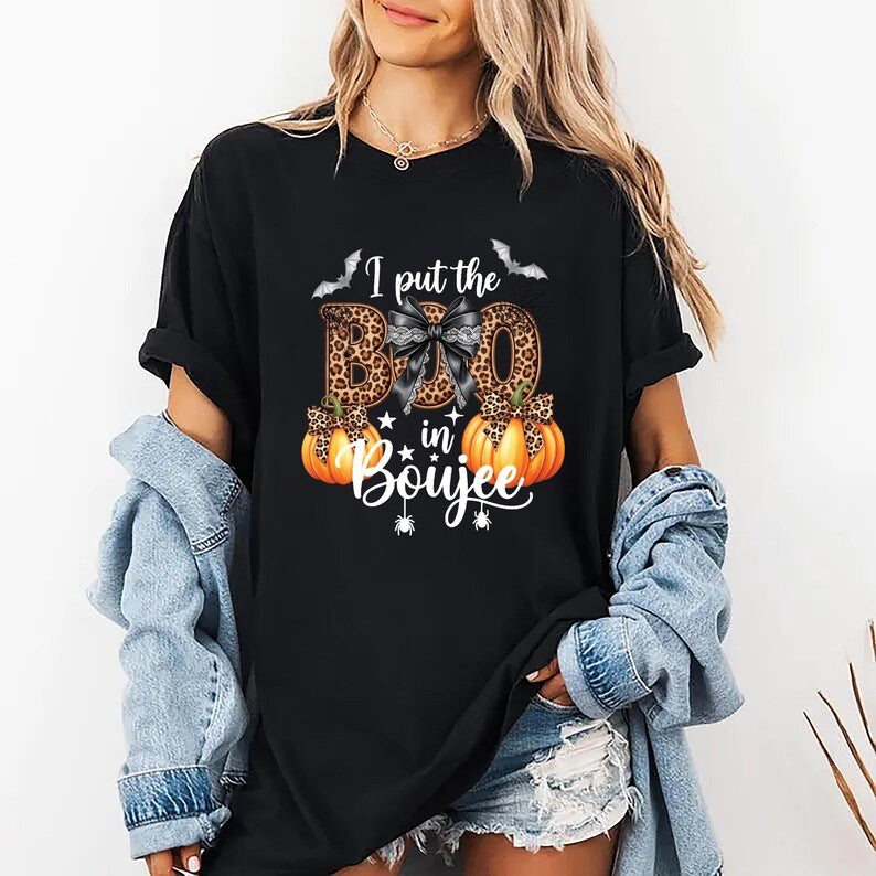 I Put the Boo in Boujee Short Sleeve Shirt, Gothic Ghost Halloween Short Sleeve Shirt, Spooky Vibes Tee, Pumpkin Plaid Bow Short Sleeve Shirt
