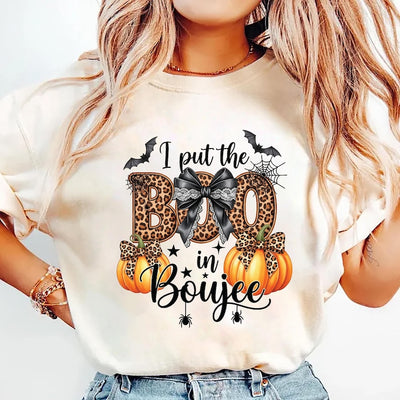 I Put the Boo in Boujee Short Sleeve Shirt, Gothic Ghost Halloween Short Sleeve Shirt, Spooky Vibes Tee, Pumpkin Plaid Bow Short Sleeve Shirt