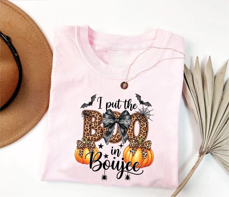 I Put the Boo in Boujee Short Sleeve Shirt, Gothic Ghost Halloween Short Sleeve Shirt, Spooky Vibes Tee, Pumpkin Plaid Bow Short Sleeve Shirt