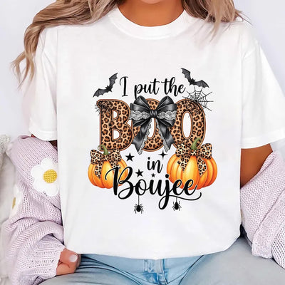 I Put the Boo in Boujee Short Sleeve Shirt, Gothic Ghost Halloween Short Sleeve Shirt, Spooky Vibes Tee, Pumpkin Plaid Bow Short Sleeve Shirt