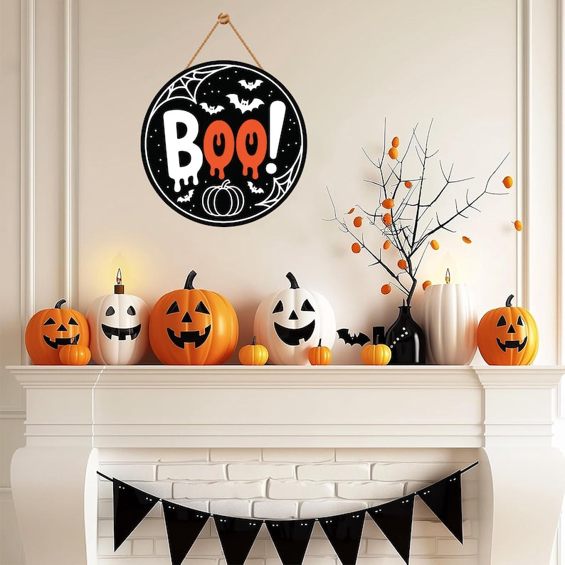 Halloween Felt Hanging Signs 12", Happy Halloween Door Decor, Trick or Treat Wall Plaque with Pumpkin, Witch, Ghost, Black Cat, Bat